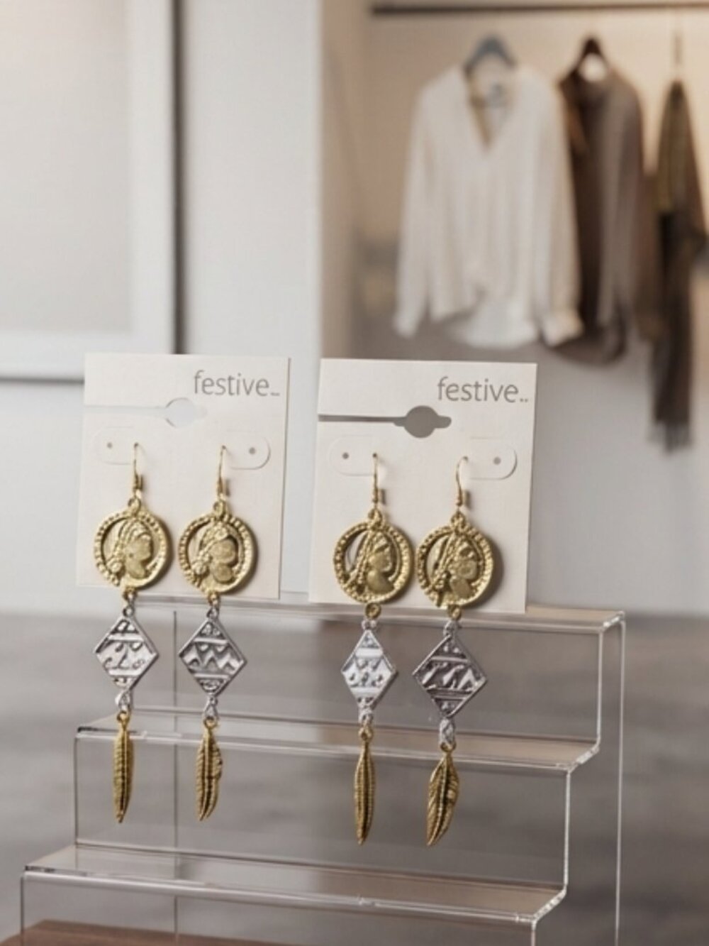 Lot of 2 Pairs! Festive Brand Two-Tone Coin & Feather Dangle Earrings